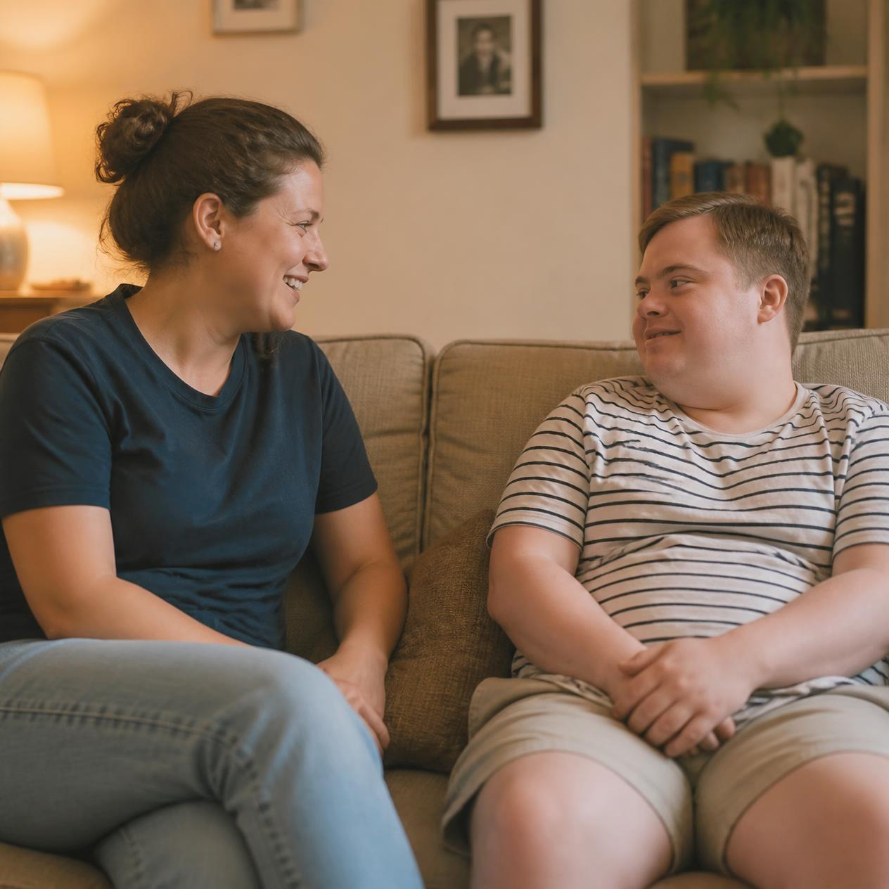 A young person chatting comfortably with their support worker